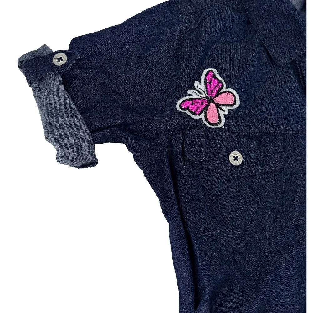 DKNY Girls M‎ 8/10 Denim Shirt Dress Belted Button Front Butterfly Patch